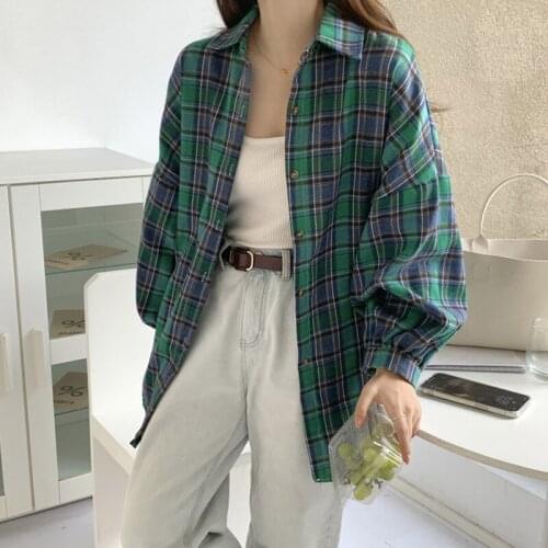 Alien Kitty 2021 New Autumn Female Long-Sleeved Shirt Plaid Single-Breasted Korean Loose Thin All-Match Fashion Basic Blouse