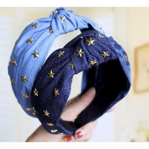 New Korea Style Stars studs Headband Fashion Headdress Denim Fabric knotted Hairband for Women and Girls