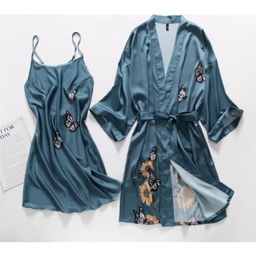 SR097 Butterfly Silk 2PCS Sleepwear Women Bride Robe Set Satin Kimono Sleep Dress Female Nighty Cross Strap Nightgown Home Wear