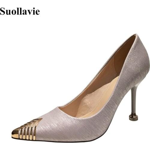 Suollavie new fashion pumps metal decoration pointed toe female high heel classic shoes women shallow women shoes dress stiletto