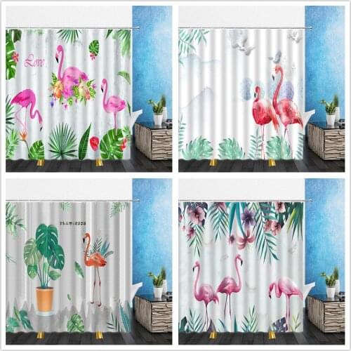 Animal Shower Curtains Pink Flamingo Green Leaf Plant Flowers 3D Print Bathroom Home Decor Waterproof Polyester Cloth Curtain