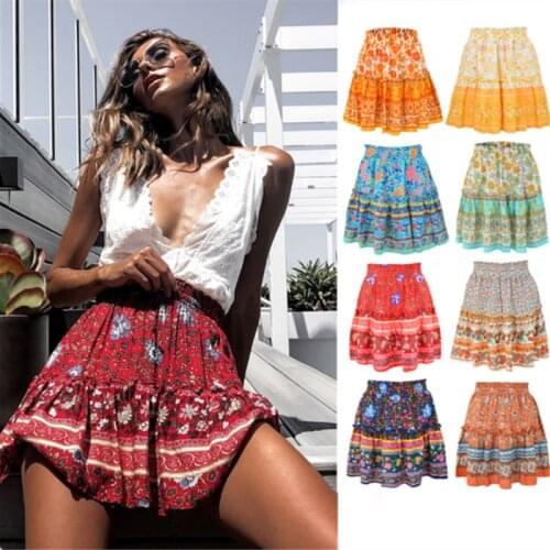 2021 Womens Printed Short Skirt Bohemian National Style Lotus Leaf Skirt Girls' Daily Leisure Maxi Dress Broken Flower Red