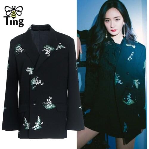 Tingfly Designer Fashion Flower Embroidery Double Breasted Black Blazer Coat Jackets Winter Vintage Elegant Outerwear Coat Traf