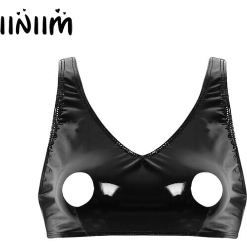 Iiniim Femme Womens Adult Sissy Wetlook Clubwear Lingerie Exotic Tanks Open Bra Sexy Nipples Hole Bra Top Crop Top for Nightwear