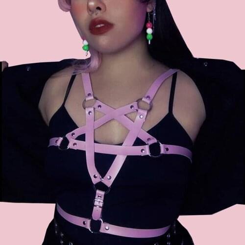 Punk Pentagram Harness Belt Womens Harness Bra Cage Pink Leather Harajuku O-Ring Suspenders Straps Sexy Body Bondage Lingerie