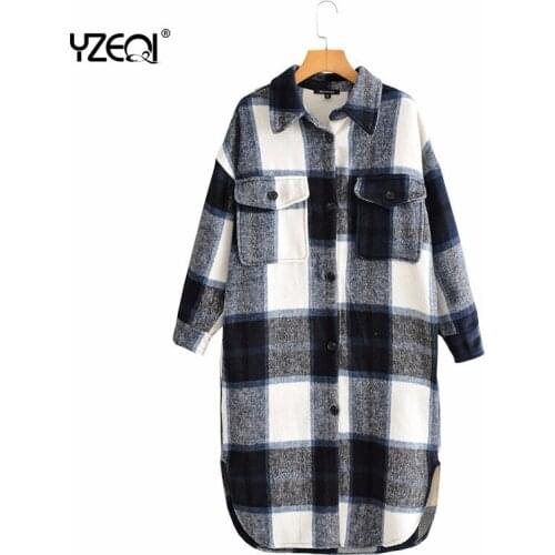 Yzeqi 2021 Women Jacket Green Plaid Long Coat Female Casual Long Plaid Shirt Vintage Plaid Pattern Woolen Coat Girl Outwear Tops