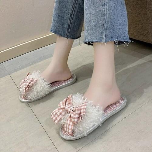 2021plush Slippers Women Bow Fur Slippers Home Slides Shoes Woman Mixed Color Knitting Home Cotton Slippers Furry Flip Flop