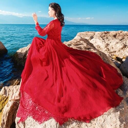 2021 Spring Summer Lace Dresses Femme 3/4 Sleeve V-Neck Women Red Party Chiffon Dress Hollow Out Female Robes Vestidos