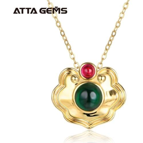 ATTAGEMS 18K Yellow Gold Color Round Emerald Ruby Gemstone Wedding Engagement Women Pendant Necklace Fine Jewelry