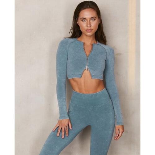 2Pcs Seamless Knitted Sets For Women Long Sleeve Yoga Shirts With Zipper+High Waist Leggings Workout Running Sets Biker Suits