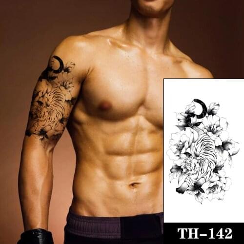 Big White Tiger King Tattoos Fake Men Women Peony Rose Tatoos Waterproof Large Size Flower Body Arm Tattoos Temporary Stickers