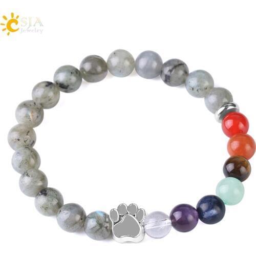 CSJA 7 Chakra Bracelet for Women Men Natural Stone Healing Balance Reiki Beads Silver-color Bear Paw Crystal Yoga Jewellery F457