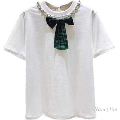 Beads Bow Round Neck Short Sleeve T Shirts for Women Pure Cotton Plus Size Tshirt Girls Ladies All-Match Casual Top White Black