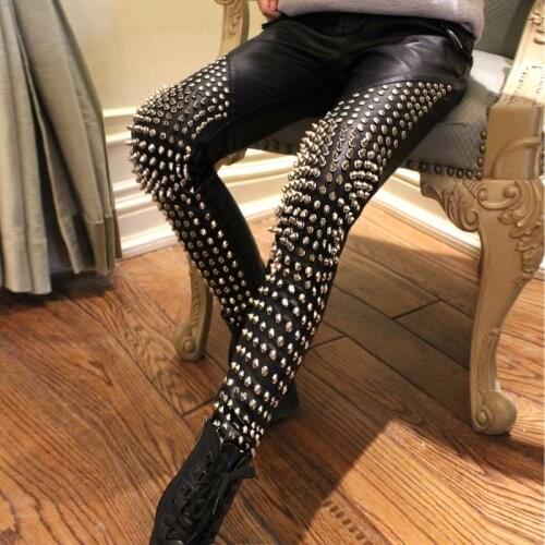 Europe Star Handmade Punk Rock Style Heavy Metal Rivet Leather Pants Soft Leather Black Long Trousers Fashion PU Rivet Pants