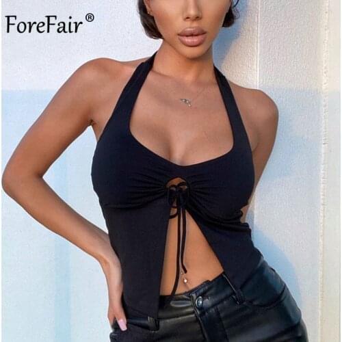 Forefair Halter Sexy Backless Split Crop Tops for Women Summer Black Tops Club Party 2021 Fashion Outfist Beach Tank Top