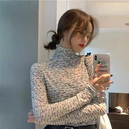 Letter Print Tshirt Women Turtleneck Bottoming T-Shirt Female Ruffle Long-Sleeve Pullovers Perspective Chic Tees Thin White Tops
