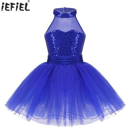 IEFiEL Girls Sleeveless Tulle Ballet Dance Gymnastics Leotard Sequins Girls Ballerina Tutu Ballet Dress for Stage Performance