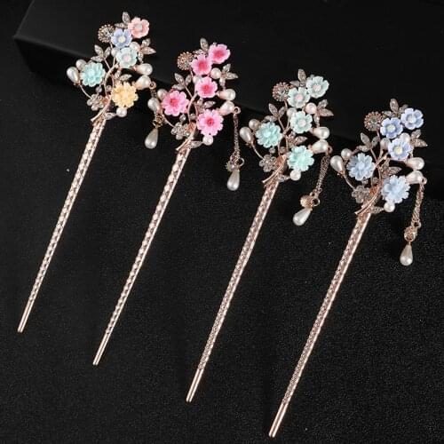 Chinese Style Hair Sticks Rose Golden Color Alloy Flower Rhinestone Pearl Hairpin Women Headpiece Hair Jewelry Accessories