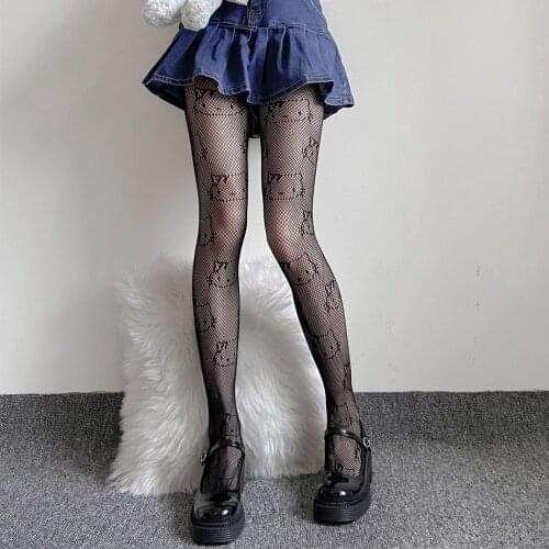 2021 Summer Black Sexy Hollow Kitty Cat Girl Fishnet Stockings Japan Harajuku Kawaii Cartoon Funny Tattoo Tights for Women