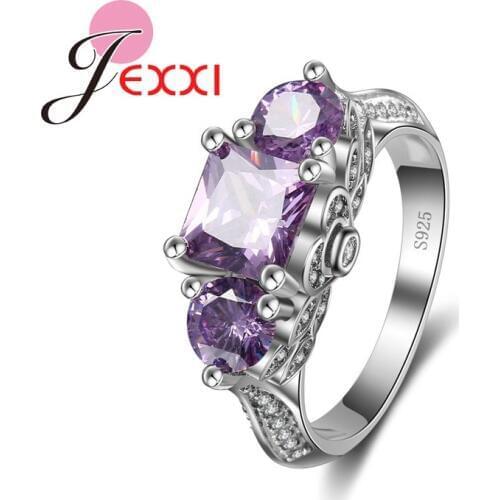 Round Square Cut Light Purple Crystal Women Finger Rings Fashion Wedding Bridal Jewelry Stamp Silver Gift