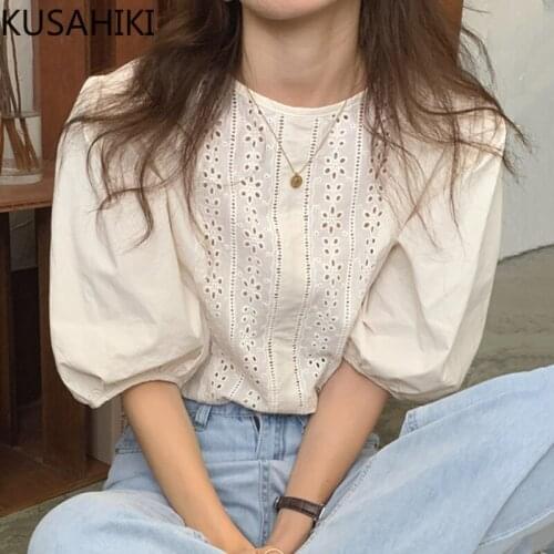 KUSAHIKI Blouses Women Causal Hook Hollow-out Shirts Sweet Puff Sleeve O-neck Tops 2021 Summer New Blusas Feminimos 6J520