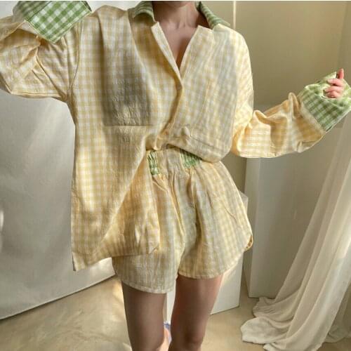 Patchwork plaid pajama set women loose long sleeve blouse pyjama shorts elastic waist spring autumn loungewear home suit Y779