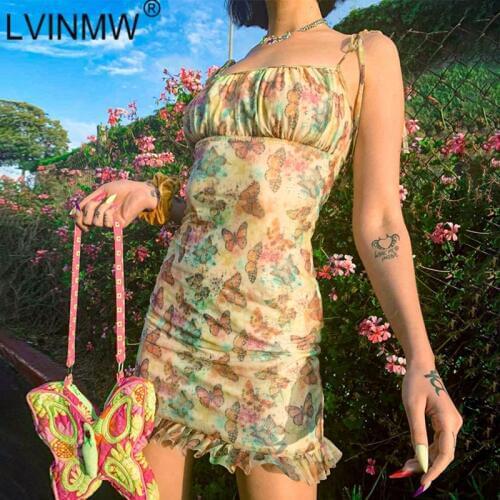 LVINMW Sexy Lace Up Straps Sleeveless Backless Butterfly Print Ruffles Mini Dress 2020 Summer Women Slim Fashion Streetwear
