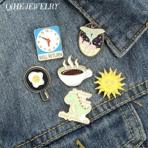 Cartoon Enamel Pins Coffee Sun Dinosaur Brooches Metal Alloy Fashion Jewelry Lapel Pin Badges Accessories Wholesale Dropshipping