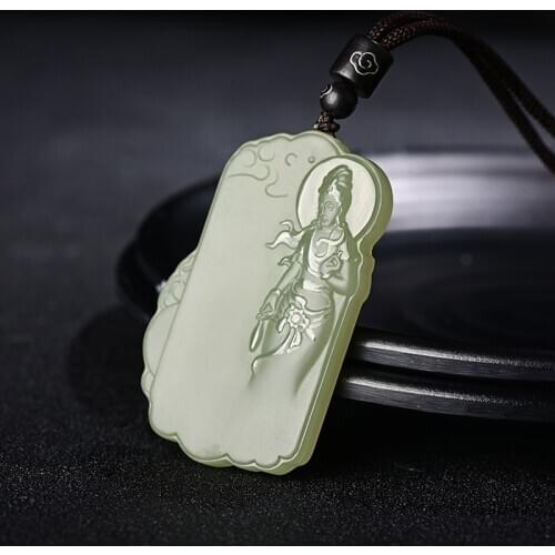 Natural A hetian jade guan yin handcarved black jade green jade pendant jade necklace unique jadeite jade jewelry