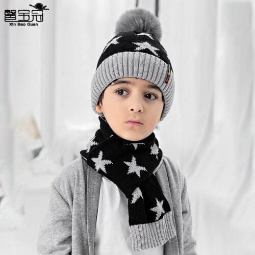 New five pointed star boys cap, scarf, knitting wool hat, plush warm hat in autumn and winter, childrens hat