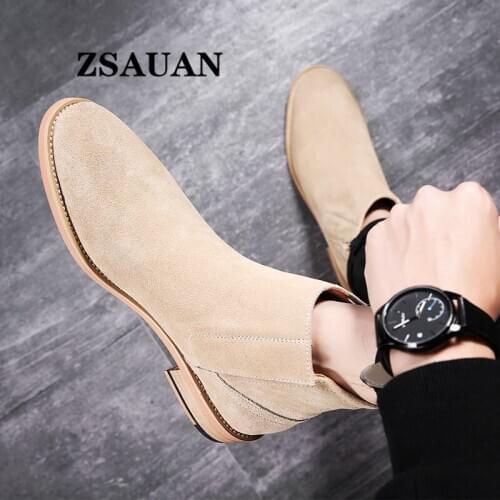 ZSAUAN New British Elegant Mens Chelsea Boots Pure Suede Leather Pointy Top Quality Men Boots Vintage Wood Sole Winter Men Shoes
