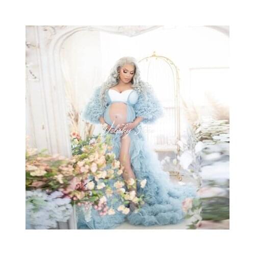 Extra Puffy Long Tulle Maternity Dresses Sexy Sheer Long Ruffled Pleated Tulle Robes Women For Photo Shoot Plus Size Baby Shower