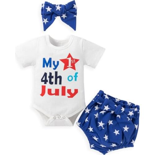 OPPERIAYA Summer Baby My First 4th of July Outfits Short Sleeve Letter Print Bodysuit Star Bloomer Shorts Headband Casual Set