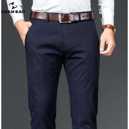 SHAN BAO 2021 Autumn and Winter Brand Fitted Straight Check Pants High Quality Fabric Business Mens Pants Black Navy