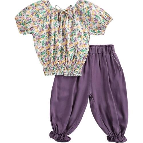 2-7Y Fashion Children Clothing Kid Baby Girls Clothes Sets Floral Short Sleeve T shirt Tops Long Pants 2pcs Outfit