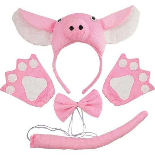 Pink Pig Animals Headband Bowtie Tail Gloves 5pc Costume for Adults and Kids Children Christmas Halloween Party Favors