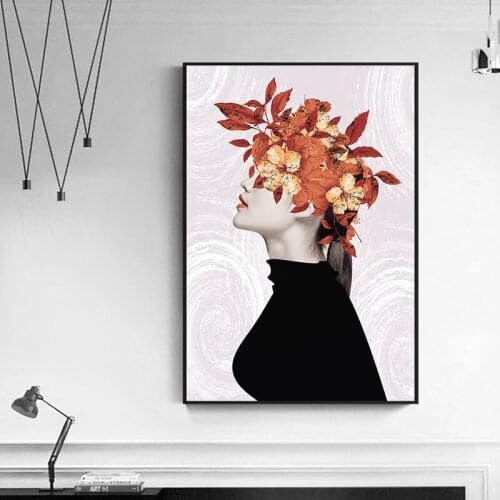 Nordic Poster Garland Girl Painting Head with Leaf Abstract Wall Art Modern Minimalist Black White Girl Scandinavian Home Decor