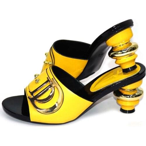 Wonderful Yellow Women High Heel Shoes With Bling and Rhinestone Decoration African Pumps For Party CR185,Heel 7CM