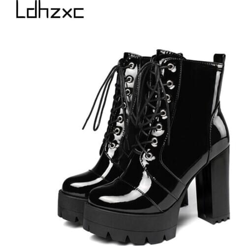 LDHZXC 2020 Autumn Winter Short Boots women For Women High Hoof Heels Lace-up Ankle Strap Buckles Female snow Boots Fashion
