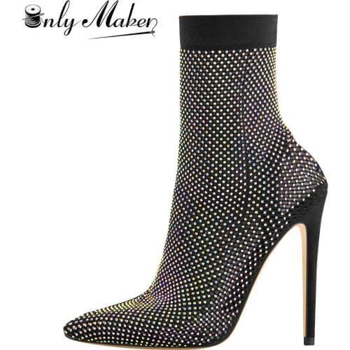 Onlymaker Womens Fishnet Pointed Toe Rhinestone Booties Fashion Mesh Stocking Stiletto High Heels Slip-on Boots Big Size5-US15