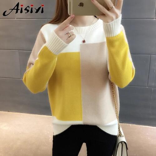 Autumn Women Sweater Pullover 2019 New Fashion Colorblock O-neck Loose Knit Bottom Sweater Large size Women Clothing