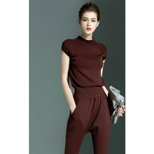 2016 New Knit short-sleeve Sweater pants Suits women fashion casual Crop Top and pants set slim knit T-shirt 2 pieces Set Women