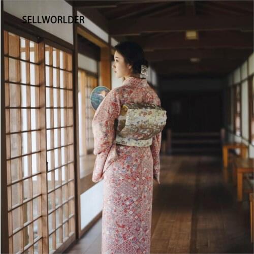 2019 Autumn retro Japanese Kimono Style yukata SELLWORLDER Girl pink dress Woman small flower print Long Dress with handbag