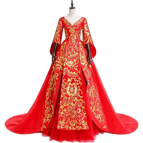 Luxury Women Oriental Style Evening Dresses Red Embroidery Bride Chinese Wedding Dress Fashion Party Gown Host Vintage Cheongsam