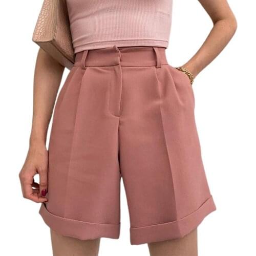 2021 Summer Women Shorts Casual Fashion Solid Color High Waist Wide Leg Pockets Suit Shorts Loose Short Trousers
