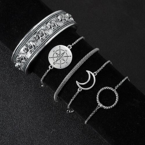 5Pcs Fashion Women Elephant Totem Bangle Creative Moon Compass Bracelets Set Twist Circle Chain Bohemia Charm Jewelry Gifts