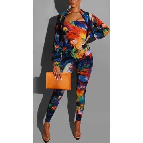 BAMBOOBOY Sexy Fashion Printed Contrast Color Colorblock Fitted Jumpsuit Blouse Blazer Party Club Two Piece Set ZL1207