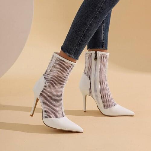 Street style sexy pointed toe summer ankle boots sandals tenis zipper black white high heel stiletto riding boots womens shoes