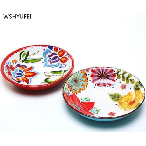 WSHYUFEI 8inch ceramic household dish fruit plate restaurant soup bowl deep mouth hand-painted underglaze round tableware