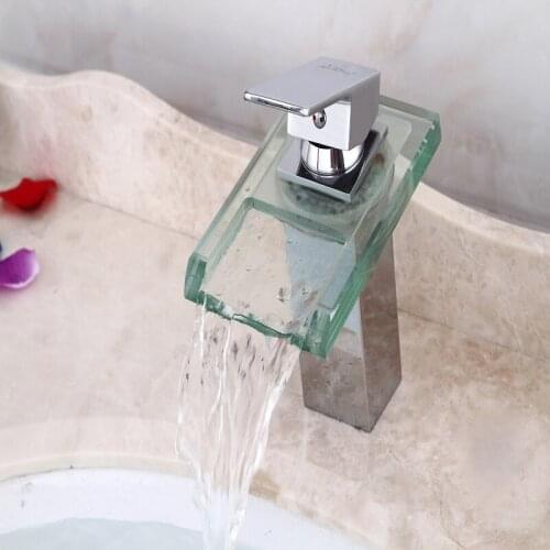 Notched LED Washbasin Brass Waterfall Temperature Color Changeable Bathroom Deck Mounted Sink Glass Faucet